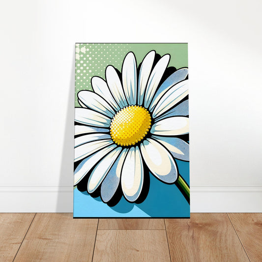 Pop art daisy with white petals and a yellow center outlined in black, set against a pastel halftone-patterned background.