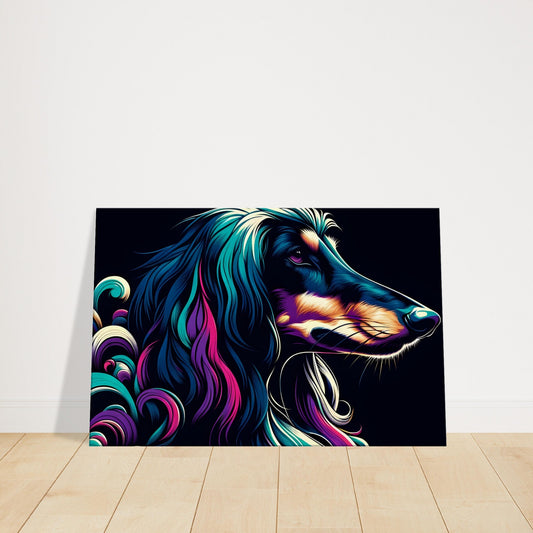 Pop art Afghan Hound with long flowing coat and bold colorful accents in a dark, stylized composition.