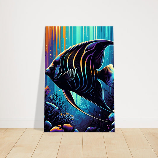 Pop art image of an angelfish with bold lines and electric colors swimming amidst glowing coral reefs.