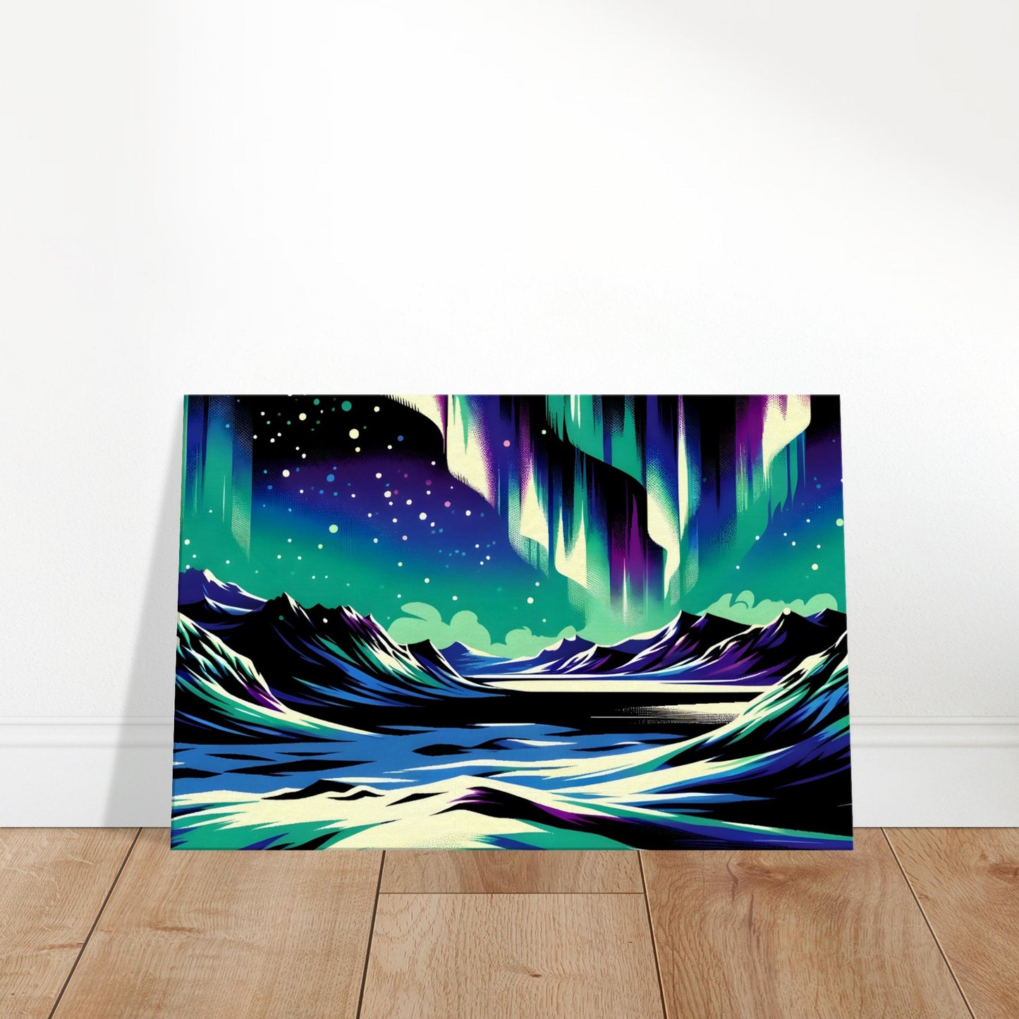 Pop art-style aurora lights in bright colors over dark, angular mountains with a reflective lake and starry sky.