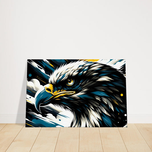 Pop art canvas of a dark bald eagle with sharp beak and intense gaze against a dynamic dark background.