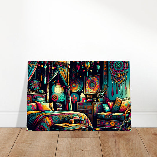 Pop art canvas of a dark bohemian bedroom with a four-poster bed, rich textiles, lantern lighting, and layered eclectic decor.