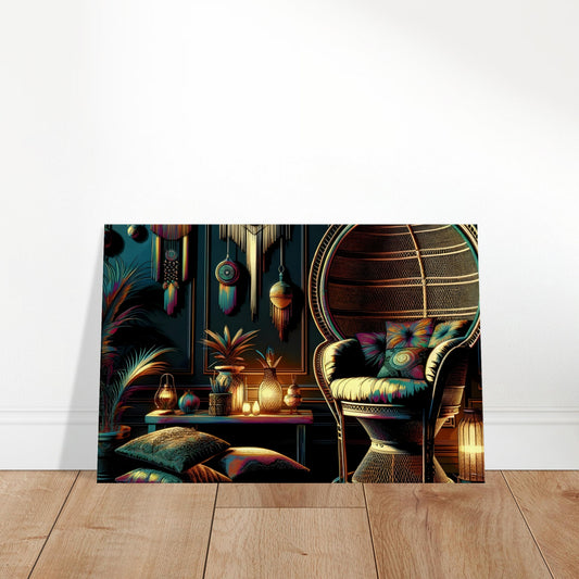 Pop art canvas of a bohemian reading nook with a peacock chair, dreamcatchers, tapestries, and warm lighting.