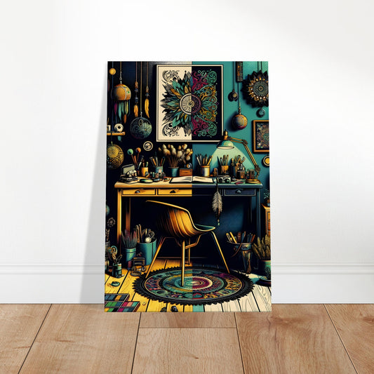 Pop art canvas of a dark bohemian studio filled with art supplies, textiles, plants, and an artist’s cluttered desk.