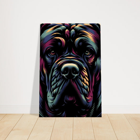 Vibrant pop art Cane Corso with colorful patterns and expressive eyes in a bold contemporary style.