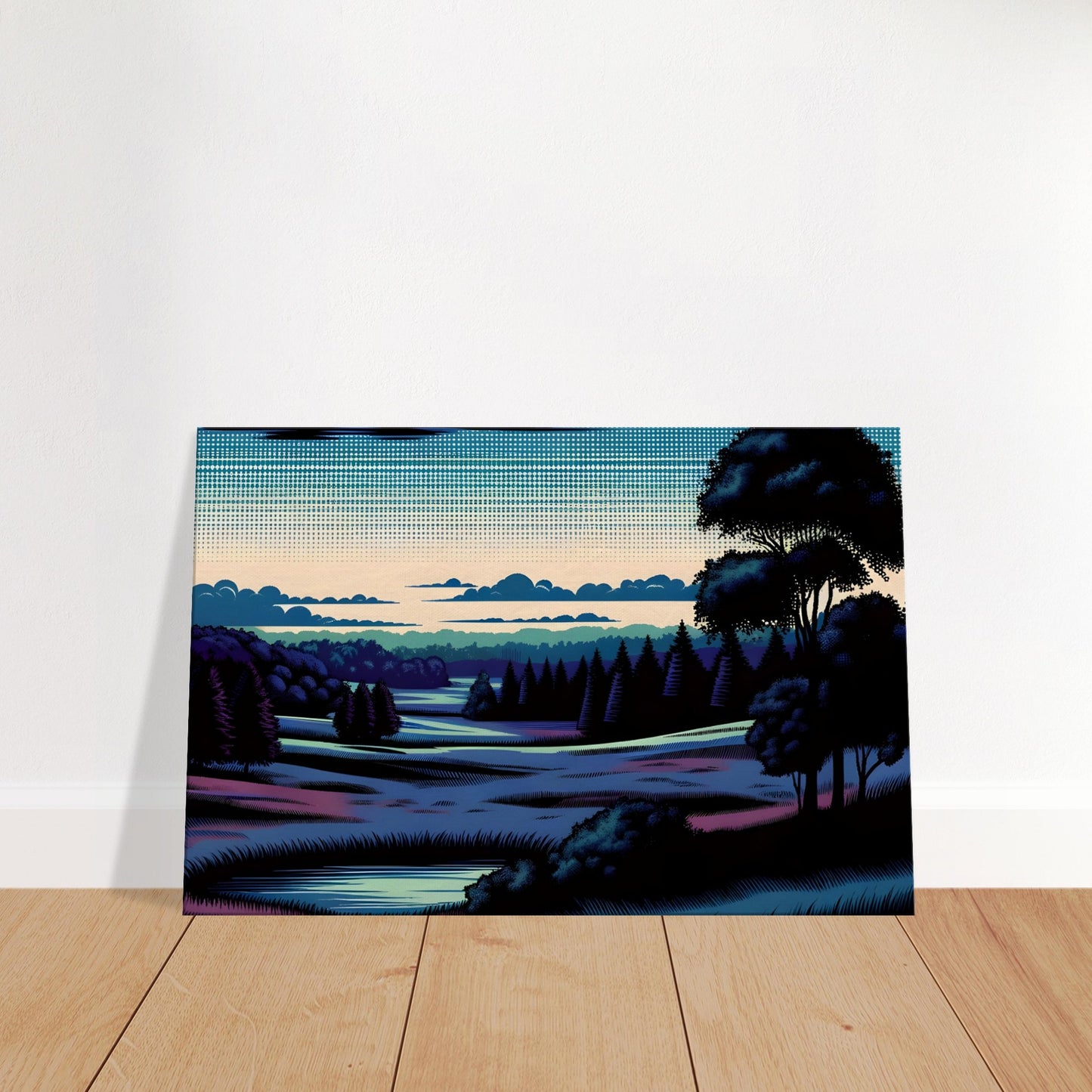 Pop art rural landscape at dusk with dark tree silhouettes, halftone sky, and stylized rolling fields in bold contrast.