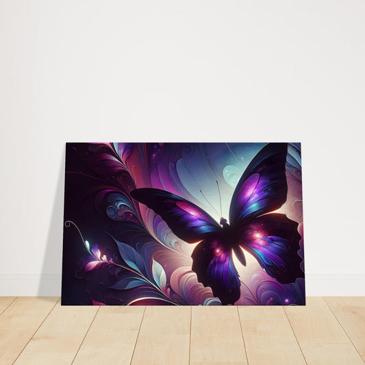 Pop art style canvas print of a delicate butterfly with rich purple and pink hues against a contrasting background.