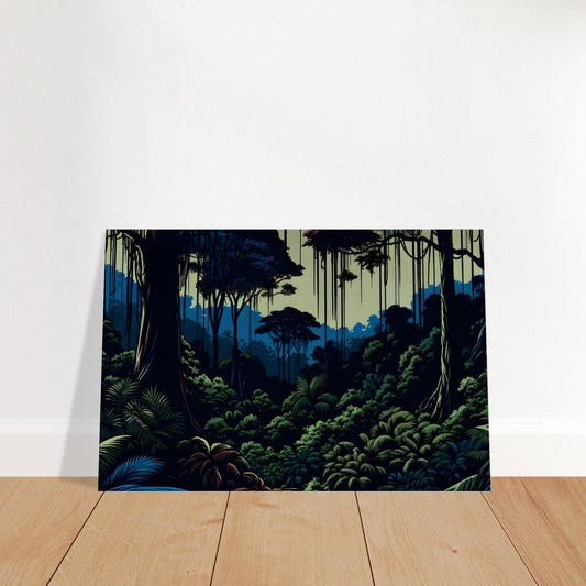 Pop art-style dark jungle scene with silhouetted trees, layered vines, and dense tropical foliage in twilight blues and greens.