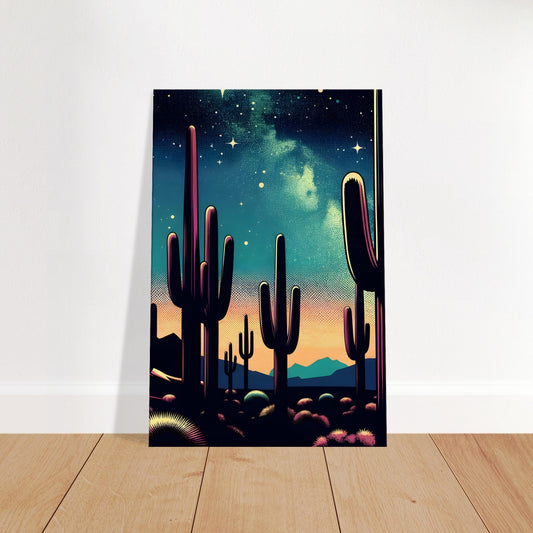 Pop art-style night desert with silhouetted cacti, gradient sky from orange to deep blue, and bright stars above dark mountain horizon.