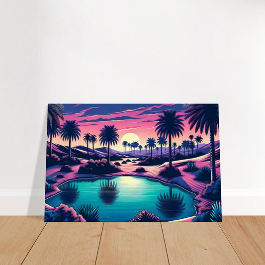 Pop art-style desert oasis at twilight with magenta and blue skies, silhouetted palm trees, and a glowing pond surrounded by sand dunes.