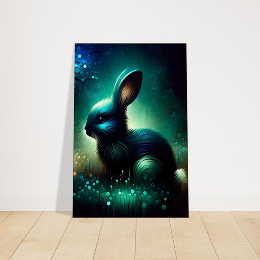 Pop art style canvas print of a whimsical rabbit in rich green and turquoise hues against a contrasting background.
