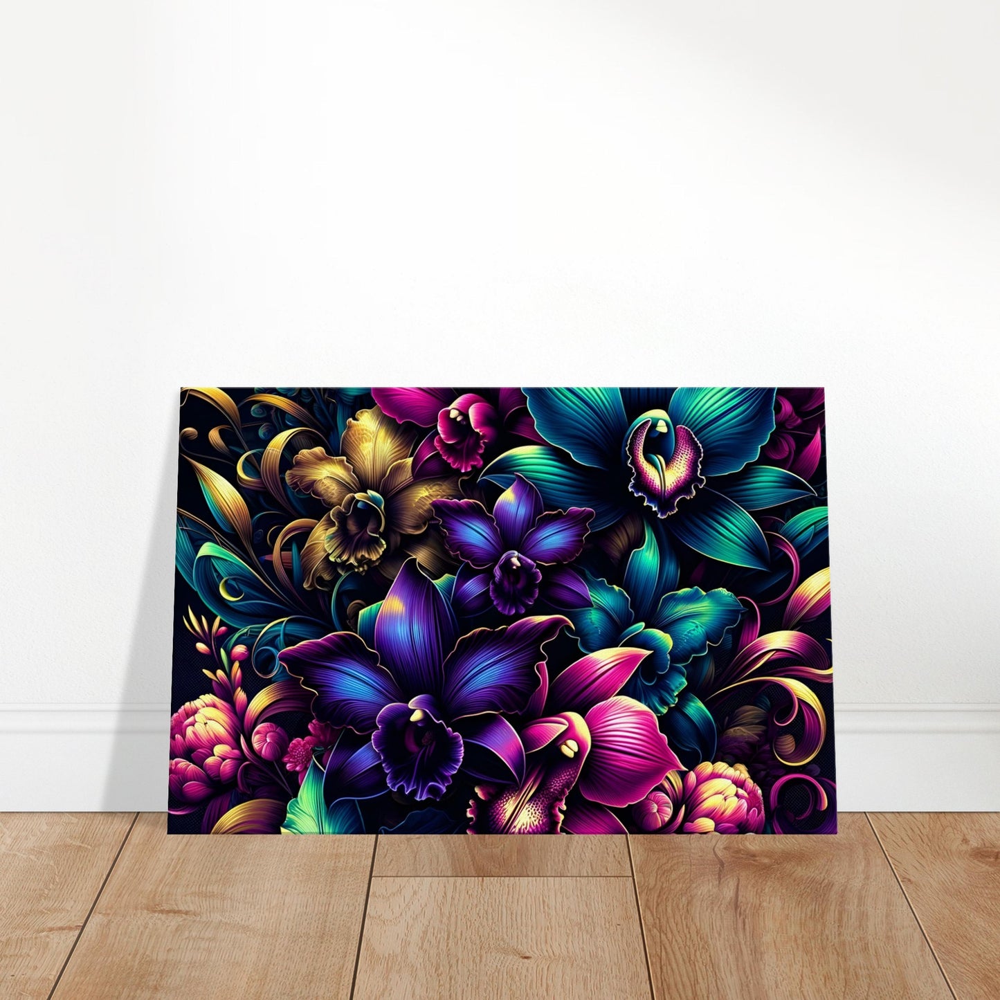 Pop art floral arrangement featuring neon orchids, lilies, and chrysanthemums with bold outlines on a dark background.