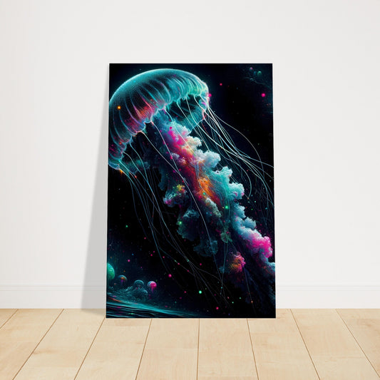 Bold pop art canvas featuring a dark jellyfish with neon pink, electric blue, and green tentacles against abstract oceanic patterns.