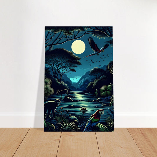 Pop art jungle scene at night featuring a stag, colorful parrots, a monkey, and moonlit river with dense tropical foliage.