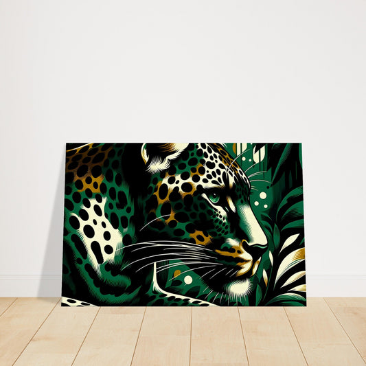 Pop art canvas of a dark leopard with striking gaze and bold patterns in black, gold, and green hues.