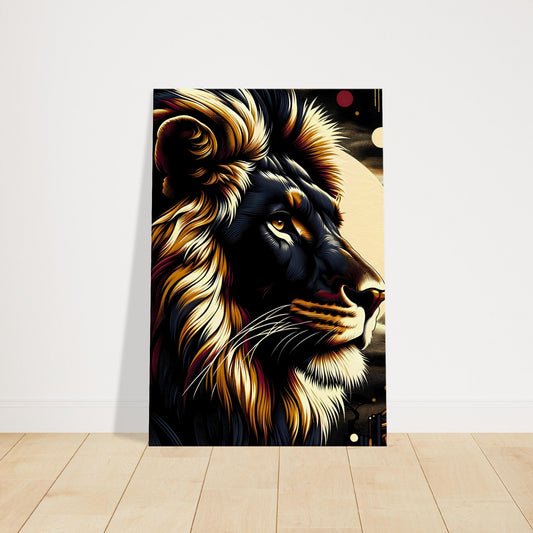 Pop art canvas of a dark lion with intricate golden mane set against a celestial and Art Deco-inspired night background.
