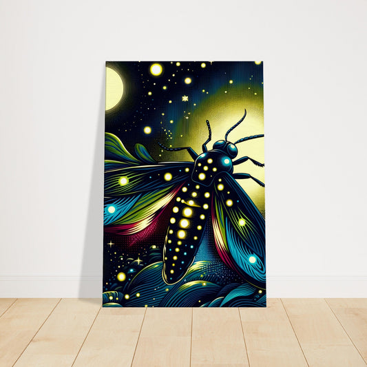 Pop art style canvas print of a luminous firefly glowing against a dark background with navy blue and green hues.