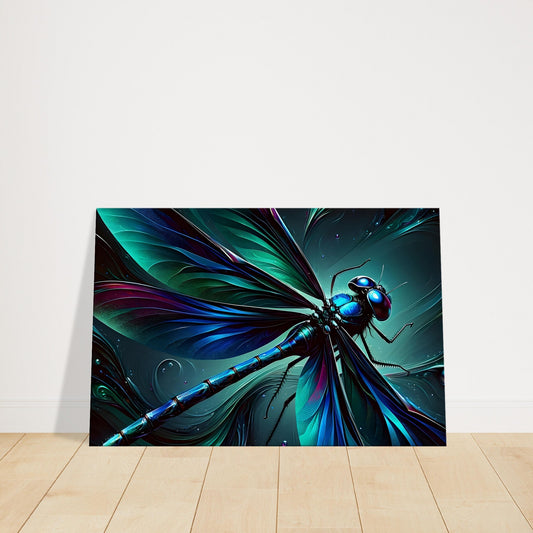 Pop art style canvas print of a luminous dragonfly with glowing blue and green hues against a dark background.