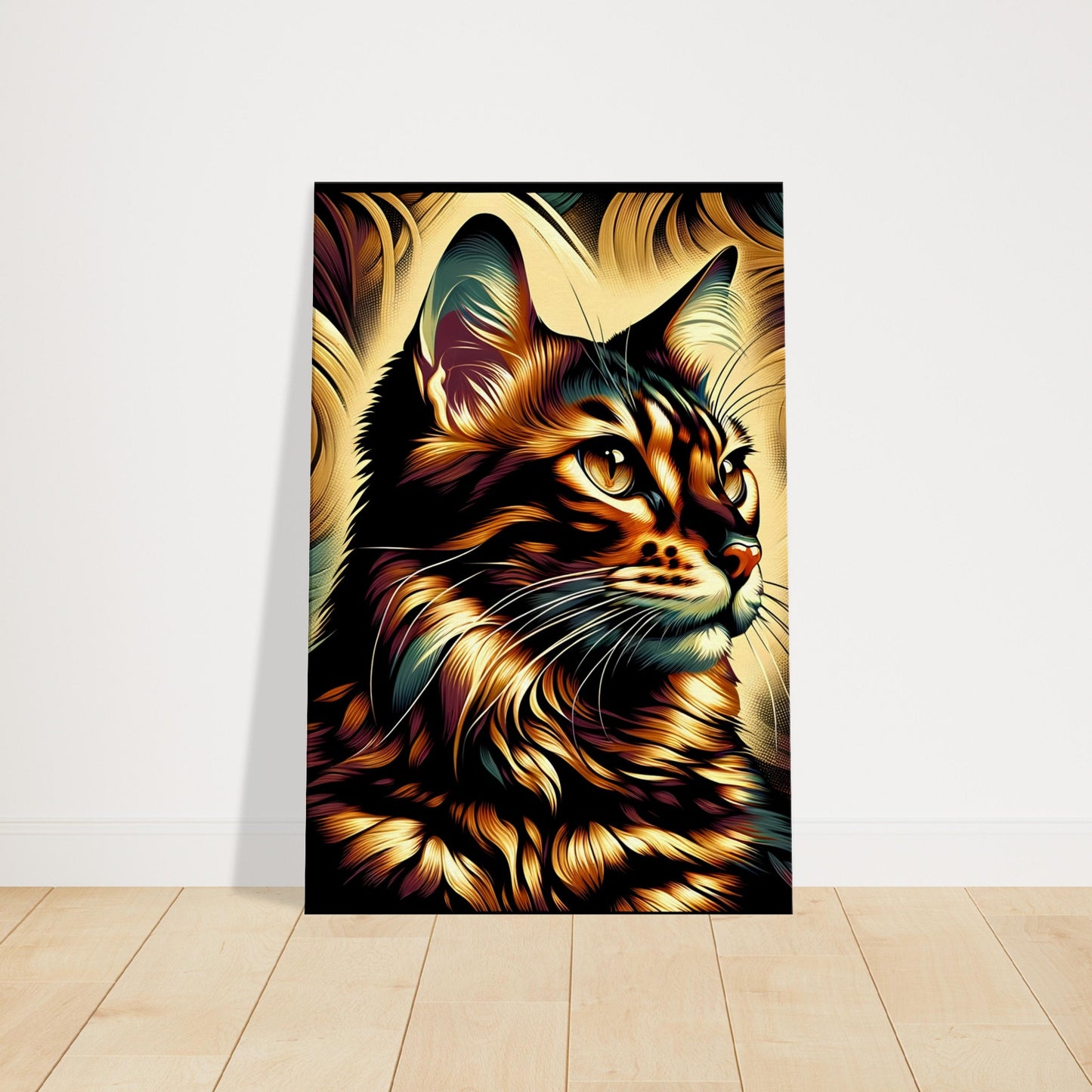 Pop art-style Bengal cat with golden fur and a swirling dark background, highlighted by bold contrasts and intense gaze.