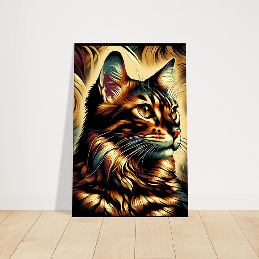 Pop art-style Bengal cat with golden fur and a swirling dark background, highlighted by bold contrasts and intense gaze.