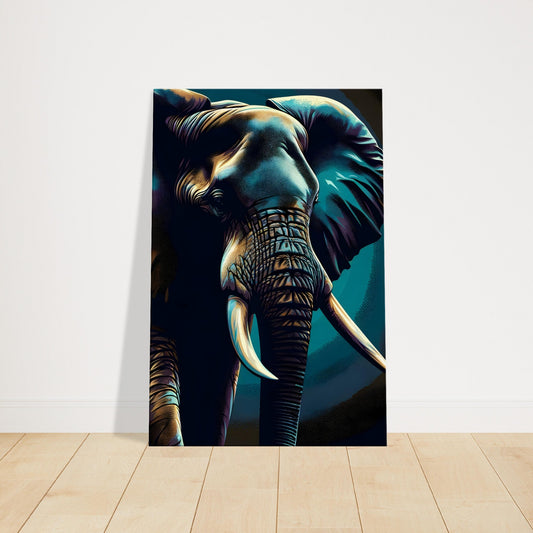 Pop art canvas of a dark majestic elephant with textured skin and grand tusks in blue and gold tones.