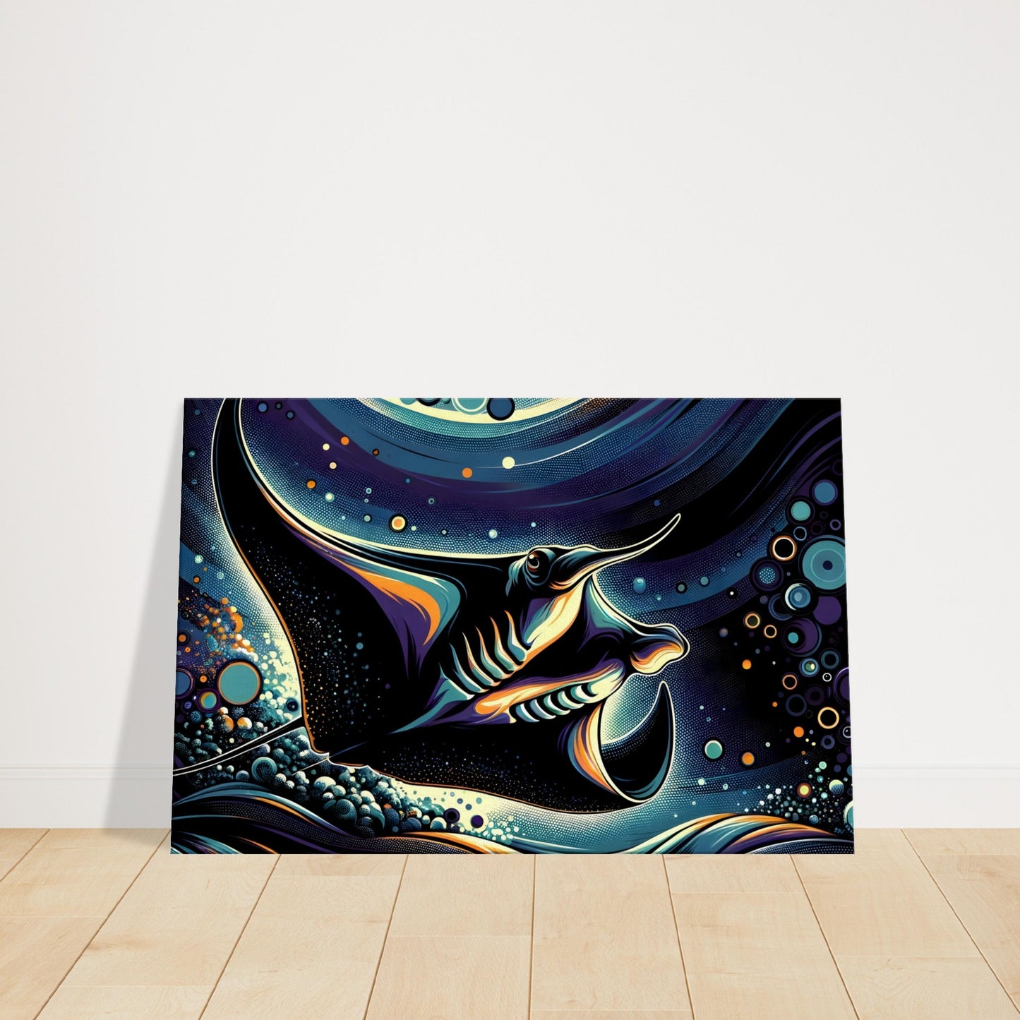 Pop art illustration of a dark manta ray with neon blue, purple, and orange accents against an abstract ocean pattern background.