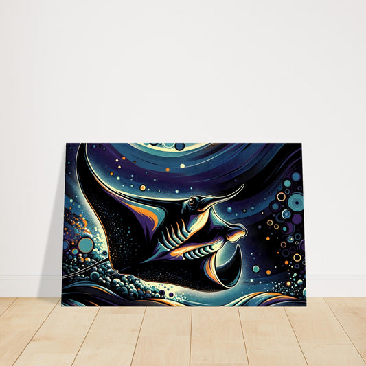 Pop art illustration of a dark manta ray with neon blue, purple, and orange accents against an abstract ocean pattern background.