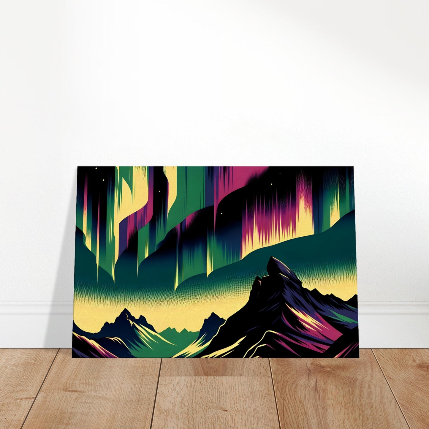 Pop art-style aurora in bright colors over dark mountains and a reflective lake under a starry night sky.