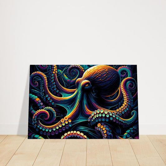 Striking pop art canvas featuring a dark octopus with neon orange and electric yellow highlights set against deep sea blues and abstract marine patterns.