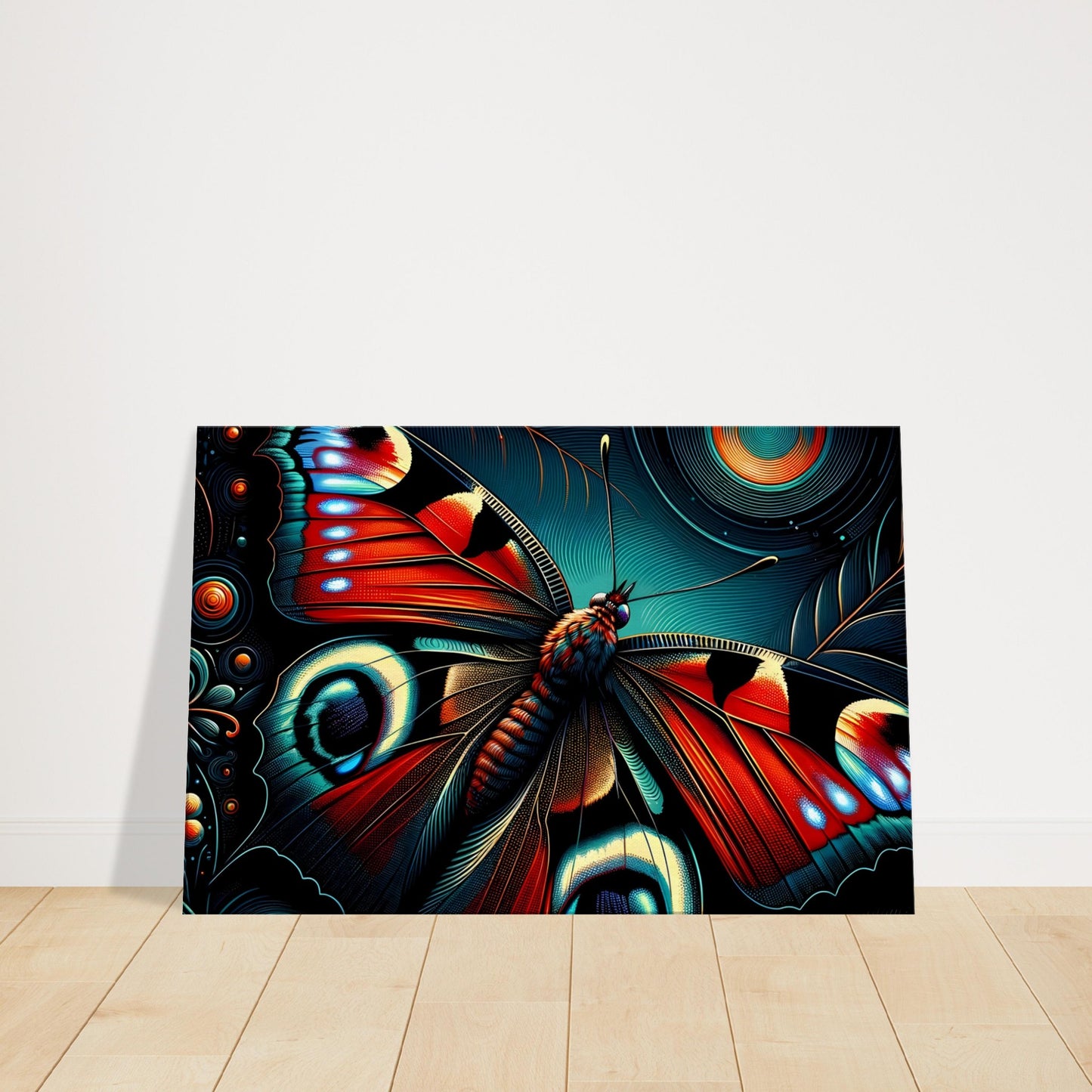 Pop art style canvas print of a peacock butterfly with fiery reds, bright oranges, and electric blues on a dark background.