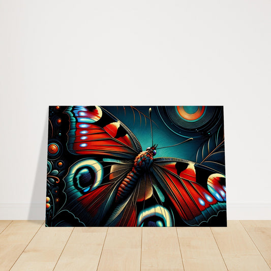 Pop art style canvas print of a peacock butterfly with fiery reds, bright oranges, and electric blues on a dark background.