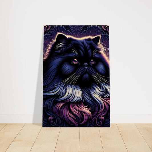 Pop art-style Persian cat in rich purples and blues with flowing fur and ornamental background patterns.