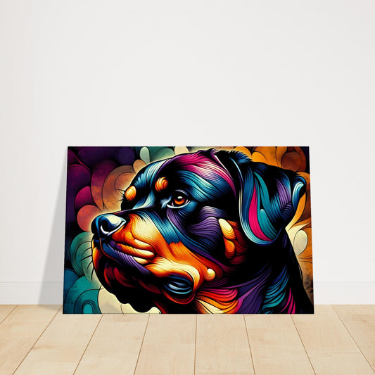 Colorful pop art Rottweiler with bold lines and abstract swirling background in vivid, contrasting colors.