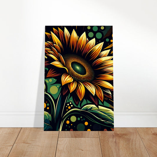 Pop art sunflower with bright yellow and gold petals outlined in black, set against a dark green and brown background.