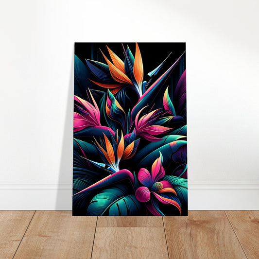 Pop art arrangement of hibiscus, bird of paradise, and heliconia in vibrant colors set against a dark background.