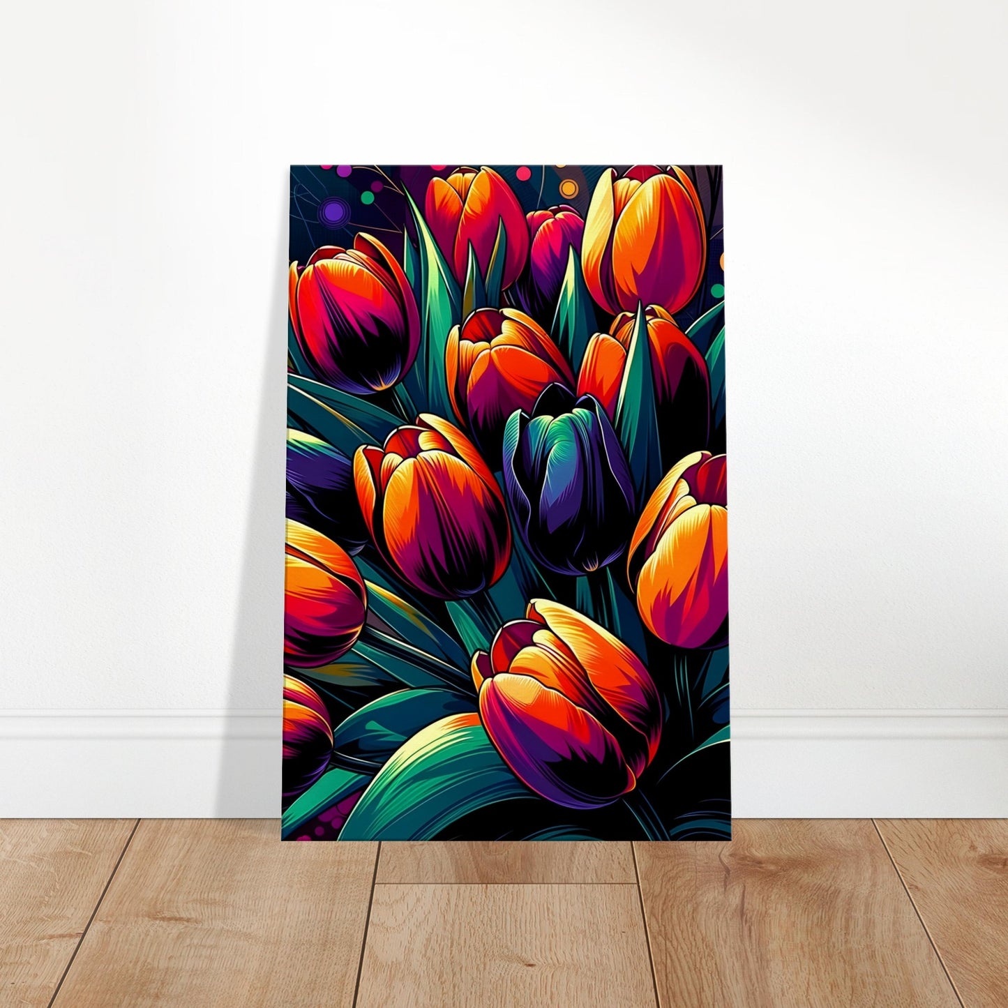 Pop art tulip bouquet with vivid orange, purple, and green flowers outlined in black against a dark contrasting background.