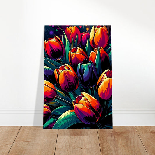 Pop art tulip bouquet with vivid orange, purple, and green flowers outlined in black against a dark contrasting background.