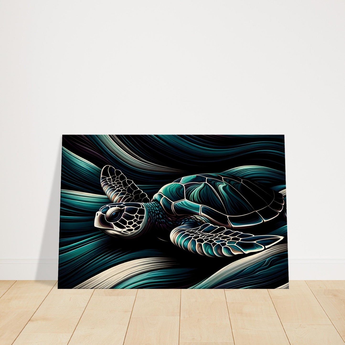 Pop art image of a sea turtle with swirling dark lines and neon accents swimming through ocean currents.