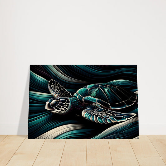 Pop art image of a sea turtle with swirling dark lines and neon accents swimming through ocean currents.
