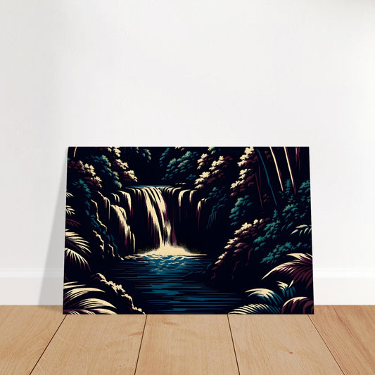 Pop art-style waterfall at night with bright white water contrasting against dark foliage and moonlit highlights.