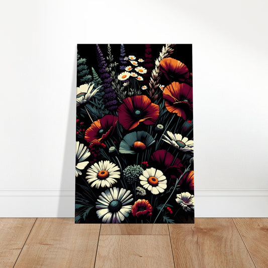 Pop art wildflower bouquet featuring bright red poppies, yellow daisies, and purple lavender against a dark background.