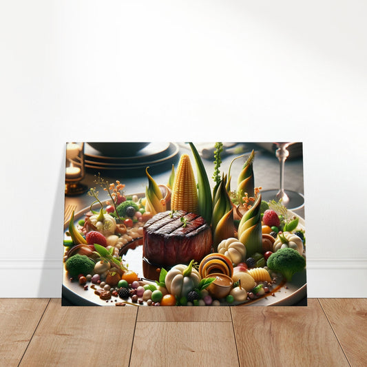 Canvas art depicting a grilled steak with colorful vegetables, lit by warm candlelight, suggesting an elegant dining experience.