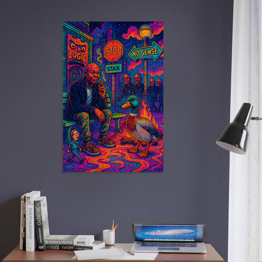 Dave Chappelle sitting on a bench in a surreal world where ducks walk humans and street signs argue – comedy metal poster.