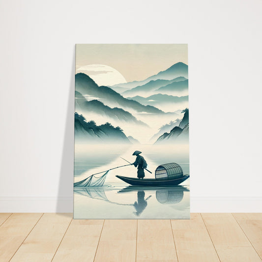 A fisherman casting into a calm river at sunrise with soft golden light illuminating the quiet landscape.