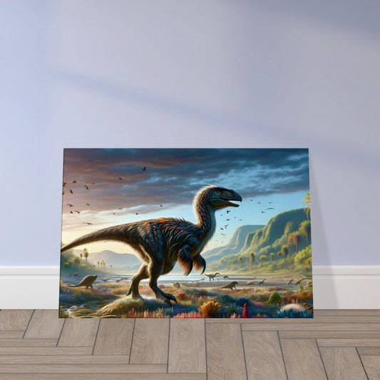 Wall art of a feathered dinosaur walking through a lush Mesozoic landscape with colorful plants and soft dawn lighting.