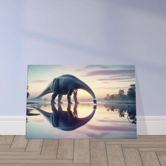 Wall art of a Brachiosaurus standing in a shallow lake at dawn, with soft pastel sky and mirrored reflection in calm waters.