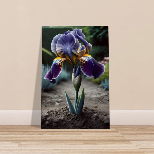 Realistic deep purple iris flower with golden accents and green leaves on a natural background