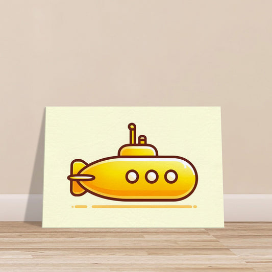 Cartoon-style yellow submarine with large eyes on a soft light yellow to white gradient background.