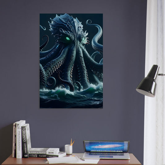 Metal poster of a giant Kraken with glowing green eyes and tentacles rising from a stormy, deep blue ocean.