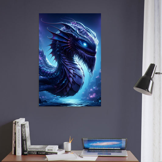 Metal poster of a colossal Leviathan with glowing eyes and dark shimmering scales, surrounded by glowing sea life in the deep ocean.